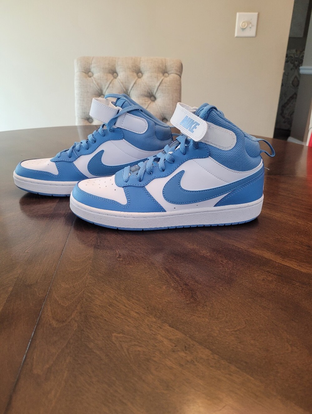Youth Nike Court Borough Mid 2 Sneakers in White & Light Blue